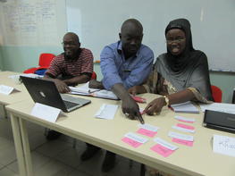 Playing a game in small groups, participants had to match educational games titles (pink cards) and their description (white cards). © A. Seye